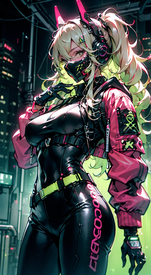 8K,Ultra Detail,ultra-quality,ultra precision,ultimate masterpiece,cutie Girl,big boobs,big Thigh,bomber jacket,long leather pants,long twin tail(blond)(innercolor of pink),cool Graffiti on the wall,Cyber punk mask,Theme of Cyber Punk,smile,view side,
