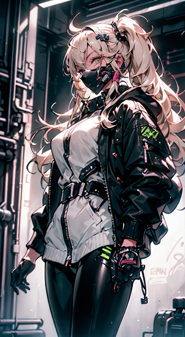 8K,Ultra Detail,ultra-quality,ultra precision,ultimate masterpiece,cutie Girl,big boobs,big Thigh,bomber jacket,long leather pants,long twin tail(blond)(innercolor of pink),cool Graffiti on the wall,Cyber punk mask,Theme of Cyber Punk,smile,view side,