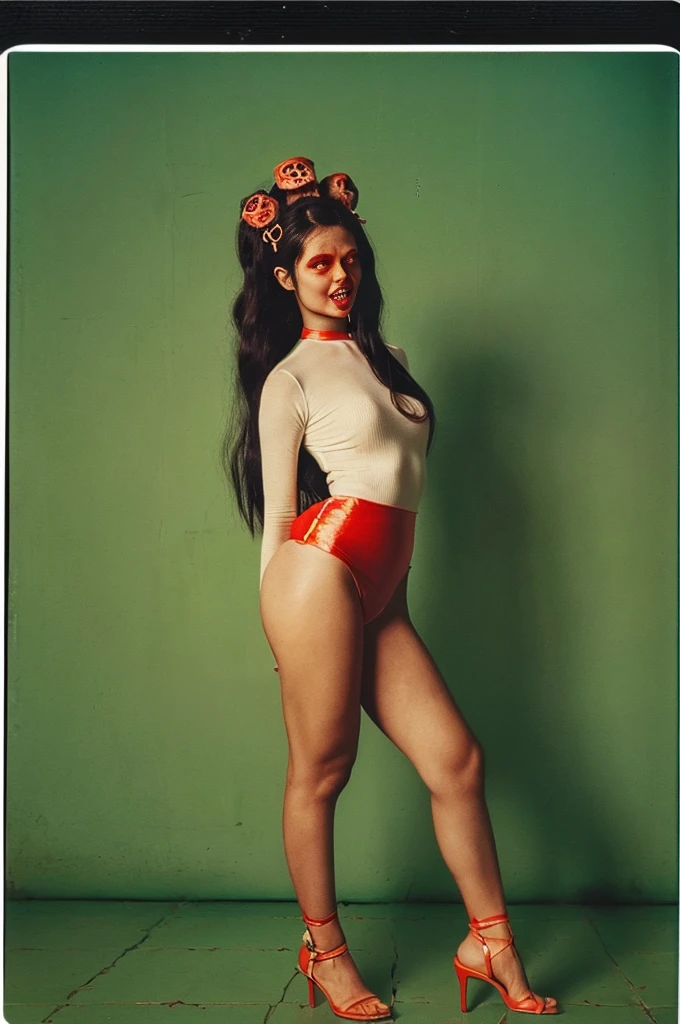 (full body:1.5)(portra 400:1.3)(instant film:1.3)( standing 1 woman in a retro vintage fashion with a zombie:1.4)1 woman, Korean idols, japanese beauty, high quality, (detailed face:1.4) best quality, 8k,afterdark, twilight.