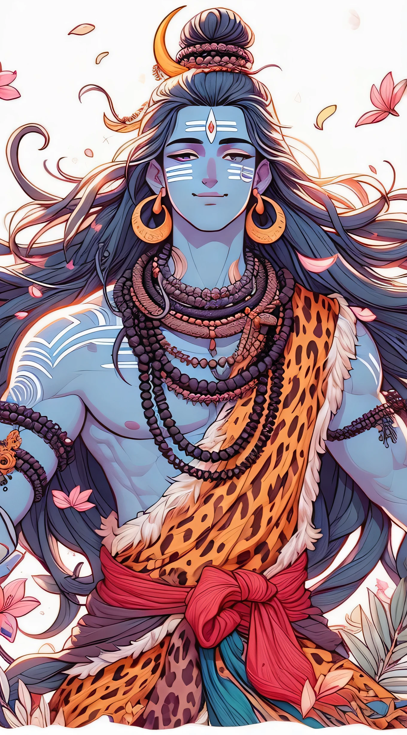 a drawing of a man with long hair and a leopard print, lord shiva, shiva, hindu aesthetic, god shiva the destroyer, inspired by Kailash Chandra Meher, attractive male deity, jen bartel, anime tribal boy with long hair, cyborg hindu godbody, indian god, beautiful avatar pictures, full color illustration, detailed fanart, mobile wallpaper