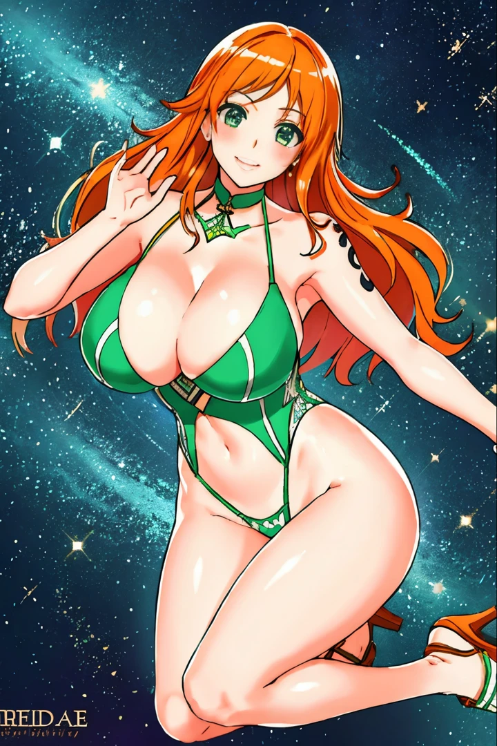 1girl, Best quality, masterpiece, cowboy shot, orange hair, green eyes, tight cloth, office clothes, office, white clothes, wet, fingering, long ginger hair, green eyes, anime girl, kawaii, hourglass figure, big feet, sweaty feet, soles showing, 5 toes on each foot, 5 toes, heel on floor, red high heel shoes on ground next to feet, galactic background, stars and sparkles, green outfit, massive tits, huge breasts, big boobs, cleavage