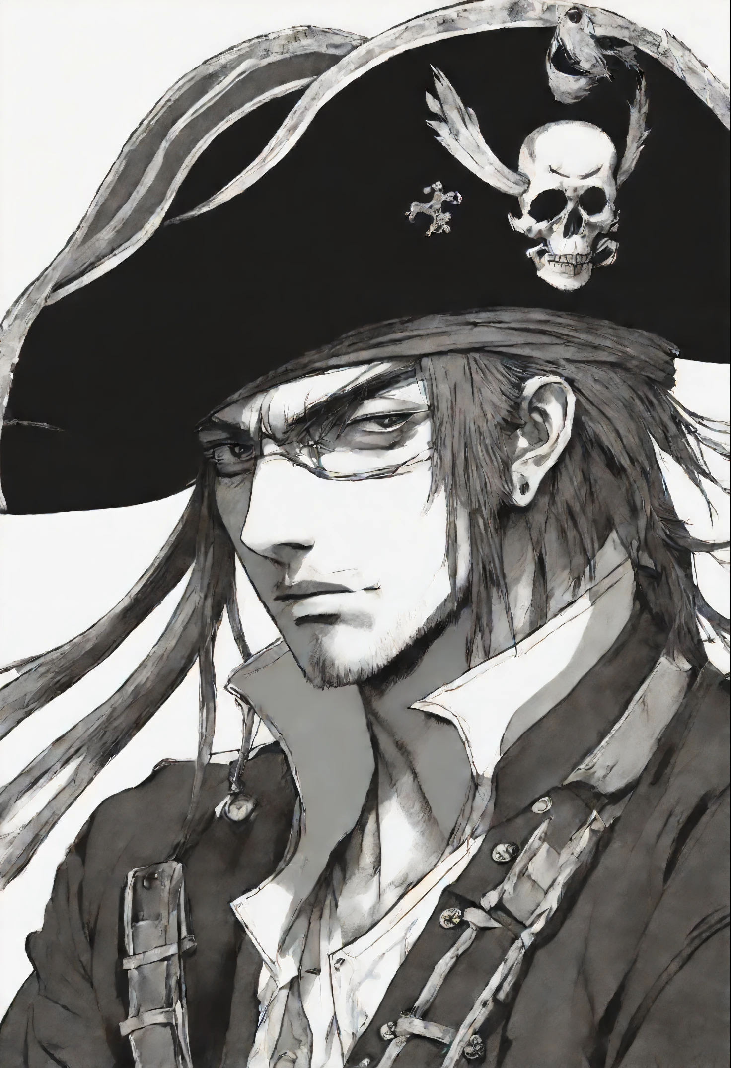 Anime character, style anime, Close-up of a person (a pirate) with a bird on his shoulder, Король a pirateов, Masamune shiro, a pirateский капитан, key anime art, shigenori soejima illustration, inspired by Okumura Masanobu, detailed key anime art, Masamune, shirow Masamune, a pirate класса Swashbuckler, a pirate, Портрет a pirateа