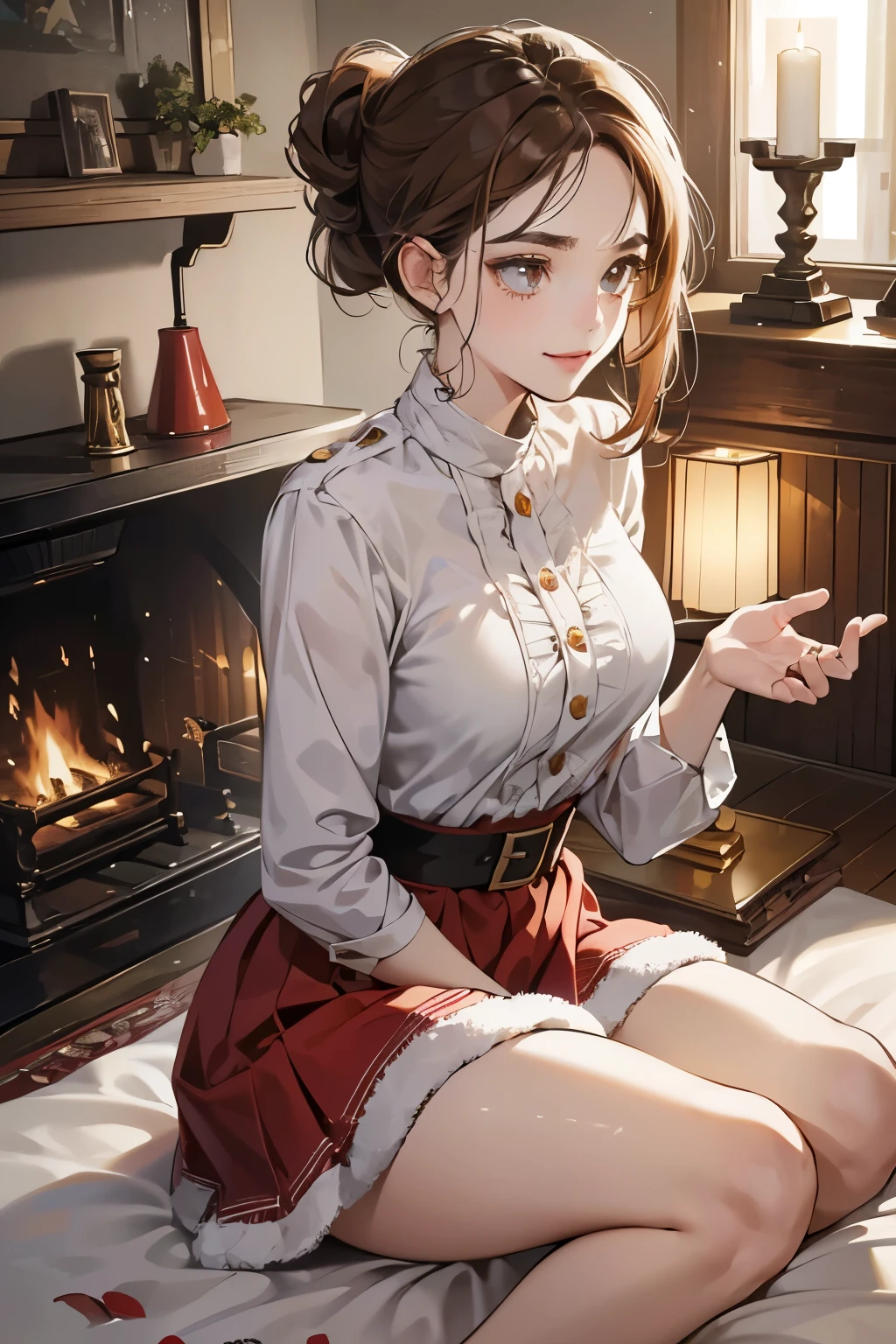 (masutepiece, Digital Art, Digital Illustration, 4K, 8K, Ultra-detailed, beautiful image, Sharp Image, Photorealistic, Raw photo, Perfect face, Perfect lines, Perfect eyes, Soft lighting) 1 woman, (lightbrown hair,Chignon hair in a high position,Innocent look,Lowered eyebrows,drooping eyebrows,drooing eyes,cute large eyes,natural make up,kindly smile,Round jaws,23 y-o woman:1.3),スーツ姿のハンサムなember性2人, (ember,ember性はスーツ姿,well-muscled,Firm shoulder width, emberの,Boyish hairstyle,English gentlemanly style,クールな表情の30代ember性,明るい笑顔の28歳ember性:1.2),(Nervous,be shy,sleepy,embarrassed from:1.2),innocent smiles,(embarrassed from,Shy smile:1.1),in front of a warm fireplace、Christmas、Christmasケーキ、Birthday Celebration、the kiss、a couple、a couplethe kiss、Romance、the kiss、Santa Cosplay、Christmasツリー、candles、bring a present、miniskirt santa costume