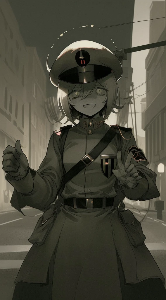 city ​​street,
Beautiful (fascism In fascist clothes and a fascist hat, Sadistic smile.:1.2), opened mouth, RIP photo below, Short Messy Hair, deranged look, limited palette, blurry shading, Old military uniform, Full-length, gloweyes