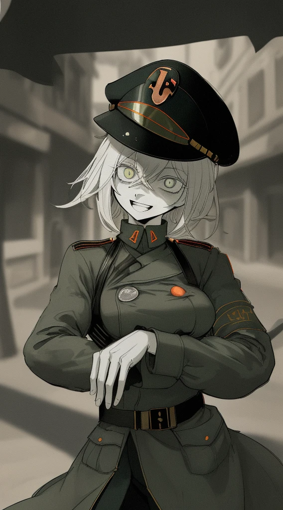 city street,
Beautiful (fascism In fascist clothes and a fascist hat, Sadistic smile.:1.2), opened mouth, RIP photo below, Short Messy Hair, deranged look, limited palette, blurry shading, Old military uniform, Full-length, gloweyes