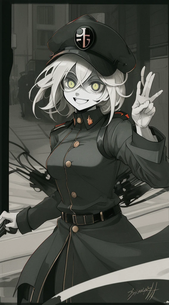 city street,
Beautiful (fascism In fascist clothes and a fascist hat, Sadistic smile.:1.2), opened mouth, RIP photo below, Short Messy Hair, deranged look, limited palette, blurry shading, Old military uniform, Full-length, gloweyes