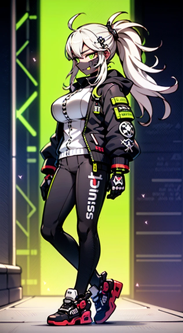 8K,Ultra Detail,ultra-quality,ultra precision,ultimate masterpiece,cutie Girl,big boobs,big Thigh,bomber jacket,long leather pants,long twin tail(blond)(innercolor of pink),cool Graffiti on the wall,Cyber punk mask,Theme of Cyber Punk,smile,view side,