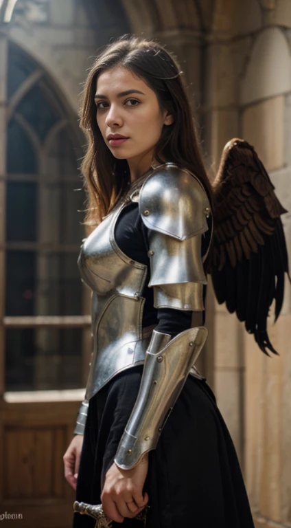 (best quality,4k,8k,highres,masterpiece:1.2),ultra-detailed,realistic:1.37,a knight with angel wings side view,beautiful detailed wings,golden armor shining in the sunlight,sharp focus,physically-based rendering,detailed facial features,silver sword in his hand,cool and calm expression,medieval setting,mystical atmosphere,ethereal lighting,strong and confident posture,vivid colors,bokeh