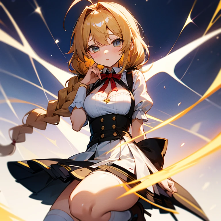 ((Maid)),((白いMaid服)),(White apron),Cute little ,Tiny ,Small girl,,Childish face, Very fine clean face,Top quality, Big eyes,Straight Hair,Yellow hair,Crimson Eye,(Dark Room), Subtle light, Natural breeze,Soft lighting,Light from directly behind, (Are standing), Cute pose, (Open your hands), Showing the whole body,Front view,Black background