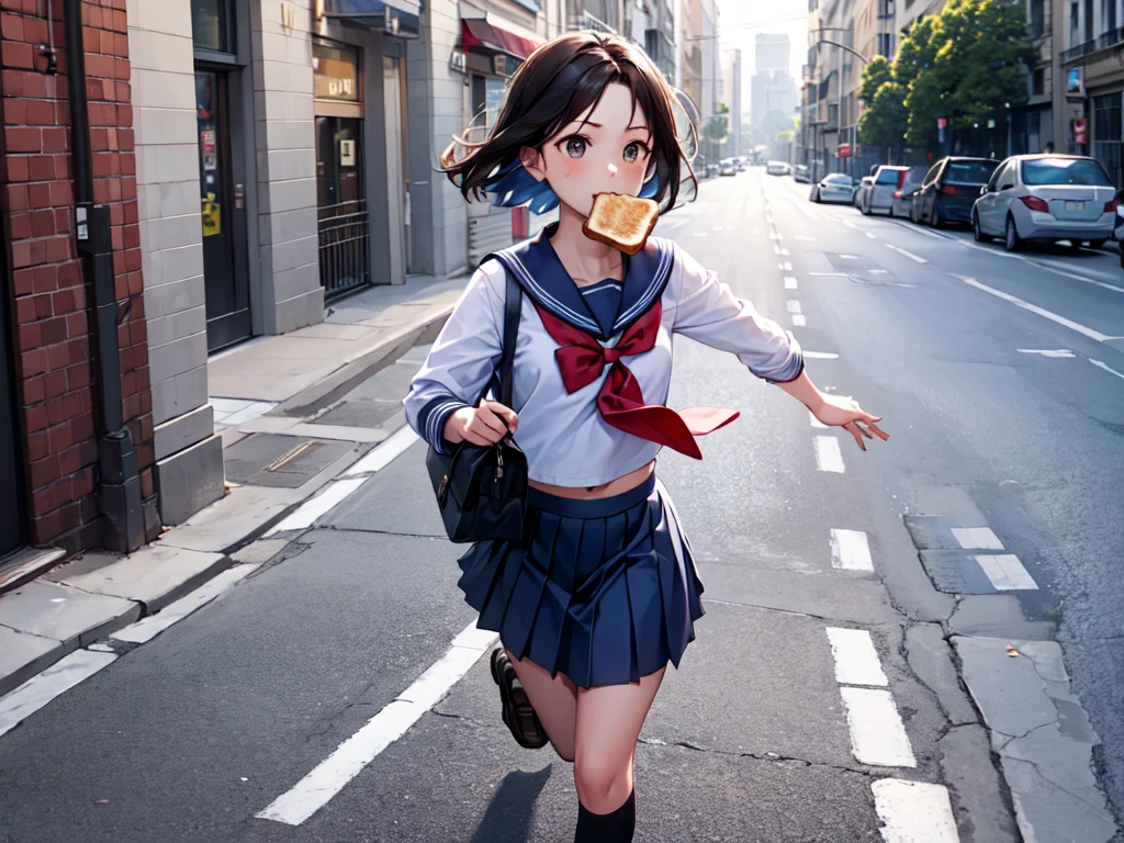 masterpiece, best quality, a boyl, serafuku, blue bow, pleated skirt, blue socks, loafers, city street, running, toast in mouth,