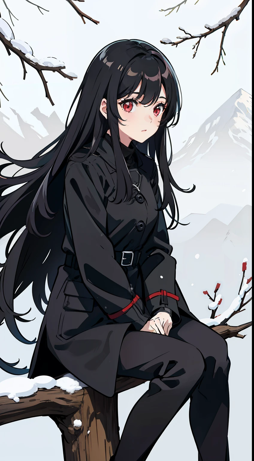1girl,solo,medium breasts,((black overcoat)),(((black pants))),black hair,long hair,red eyes,((standing in snow,in forest,sitting on a branch high up in a tree)),