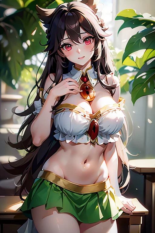 (masterpiece, best quality), (4heads:1.4), 1girl, (reiuji utsuho:1.3), masterpiece, best quality, white top, crop top, ((stomach)), midriff, ((groin)), green skirt, normal ears, shackles, brown hair, very long hair, wavy hair, sidelocks, red eyes, parted lips, single horn, sweat, cute, toned belly, hand on own chest, eyelashes, (25 year old woman:1.3), (masterpiece:1.4), (best quality:1.4), (beautiful detailed eyes), extremely detailed CG, extremely delicate and beautiful, depth of field, (finely detailed face), (perfect details:1.0), (mature female:1.3), wide pelvis, slender, large veiny breast, 8k resolution, high quality, high definition, extremely detailed, masterpiece, best quality, brown hair, long hair, alluring presence, braid, short skirt, close up, big tits, young