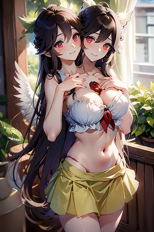 (masterpiece, best quality), (4heads:1.4), 1girl, (reiuji utsuho:1.3), masterpiece, best quality, white top, crop top, ((stomach)), midriff, ((groin)), green skirt, normal ears, shackles, brown hair, very long hair, wavy hair, sidelocks, red eyes, parted lips, single horn, sweat, cute, toned belly, hand on own chest, eyelashes, (25 year old woman:1.3), (masterpiece:1.4), (best quality:1.4), (beautiful detailed eyes), extremely detailed CG, extremely delicate and beautiful, depth of field, (finely detailed face), (perfect details:1.0), (mature female:1.3), wide pelvis, slender, large veiny breast, 8k resolution, high quality, high definition, extremely detailed, masterpiece, best quality, brown hair, long hair, alluring presence, braid, short skirt, close up, big tits, young