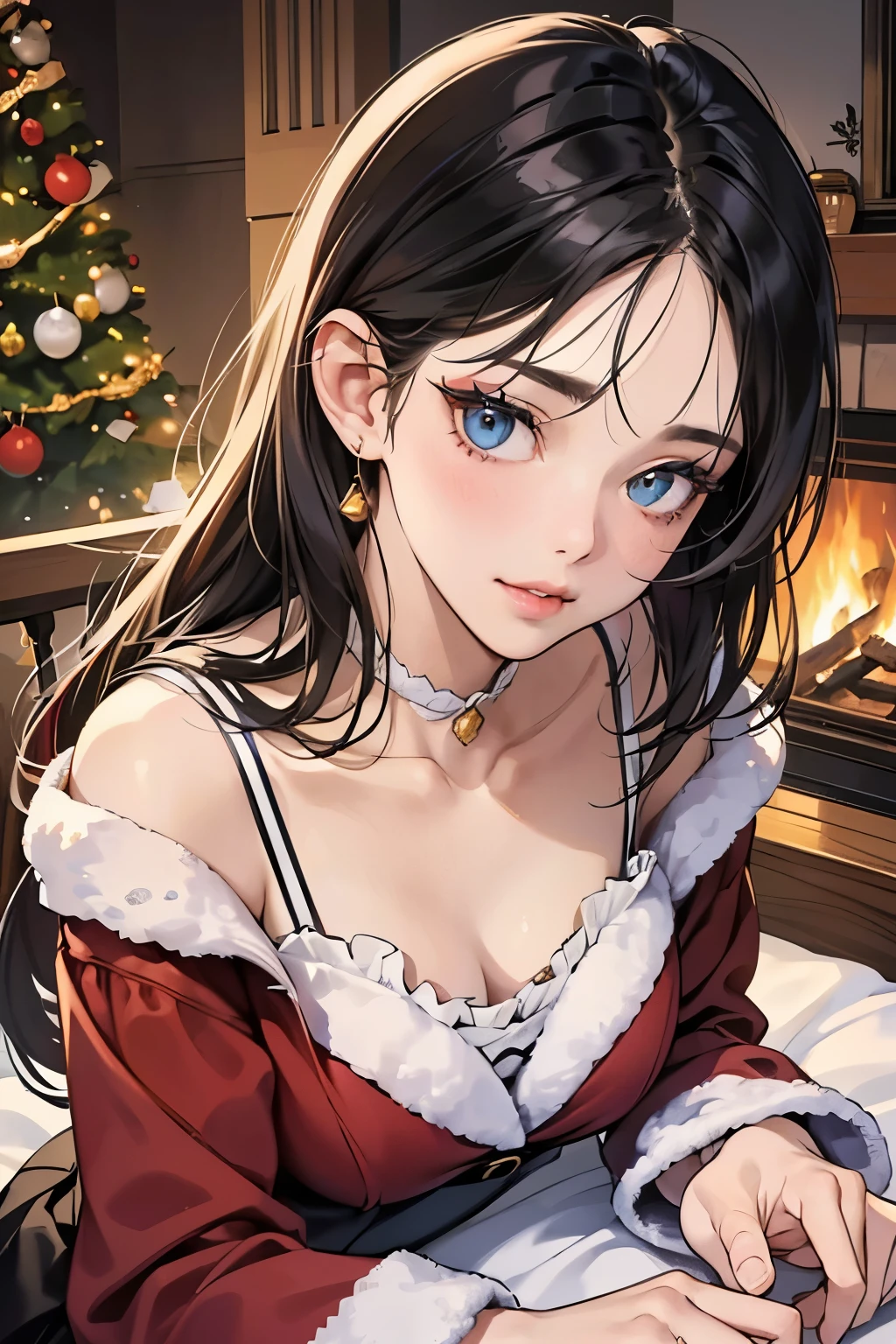 (masutepiece, Digital Art, Digital Illustration, 4K, 8K, Ultra-detailed, beautiful image, Sharp Image, Photorealistic, Raw photo, Perfect face, Perfect lines, Perfect eyes, Soft lighting) ,1 woman, (Black hair,straight haired,Bullish gaze,Beautie,ellegance,Solid makeup,23 y-o woman,small tits:1.3),スーツ姿のハンサムなember性2人, (ember,ember性はスーツ姿,well-muscled,Firm shoulder width, emberの,Boyish hairstyle,English gentlemanly style,クールな表情の30代ember性,明るい笑顔の28歳ember性:1.2),Show white teeth and smile(embarrassed from,Shy smile:1.1),(Nervous,be shy,sleepy,embarrassed from:1.1),in front of a warm fireplace、Christmas、Christmasケーキ、Birthday Celebration、the kiss、a couple、a couplethe kiss、Romance、the kiss、Santa Cosplay、bring a present、miniskirt santa costume