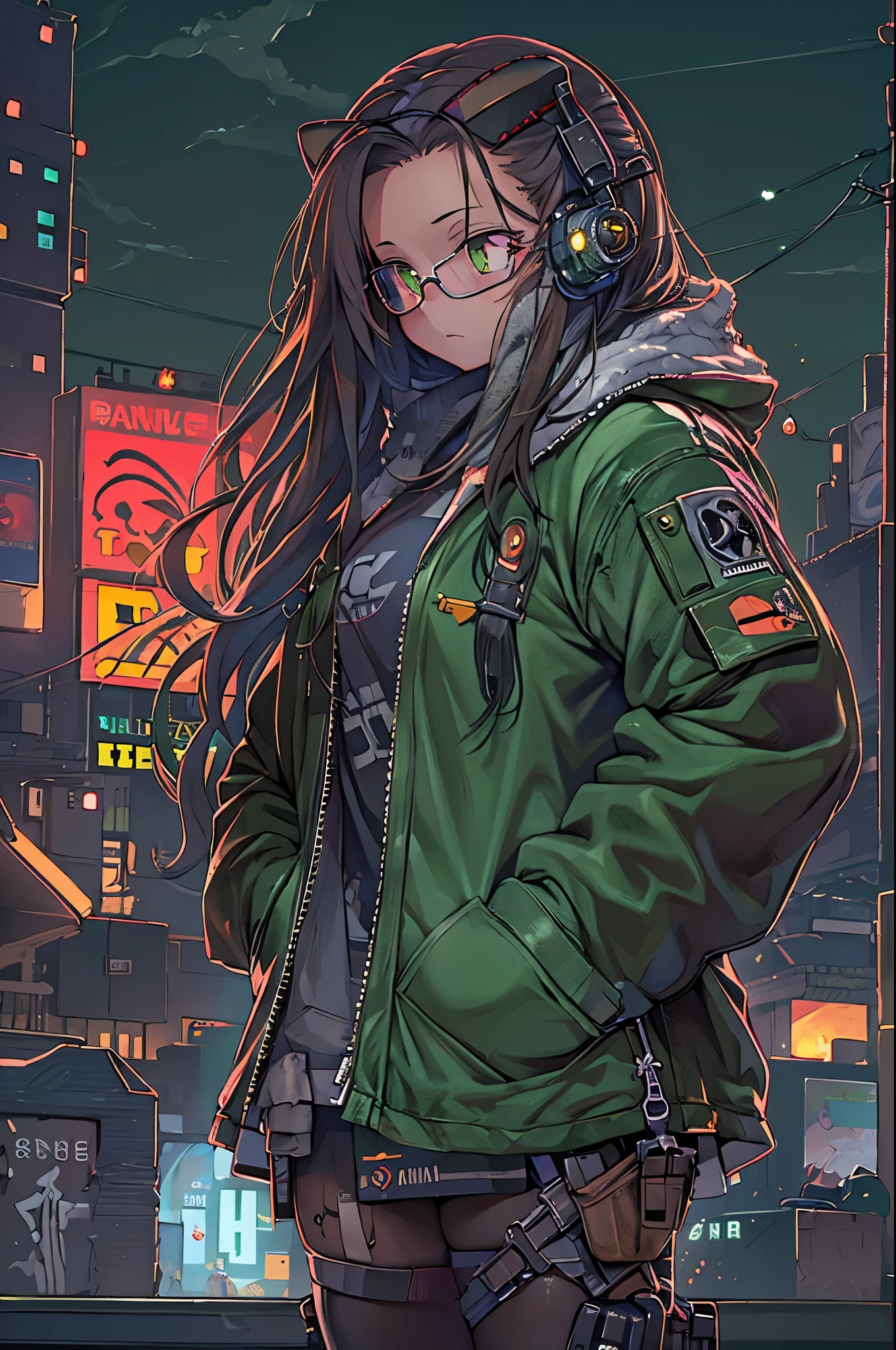 Beautiful girl's small breasts, Wearing a sturdy jacket, Long hair, Machine arm of cyberpunk night view, Cyberpunk red-green background