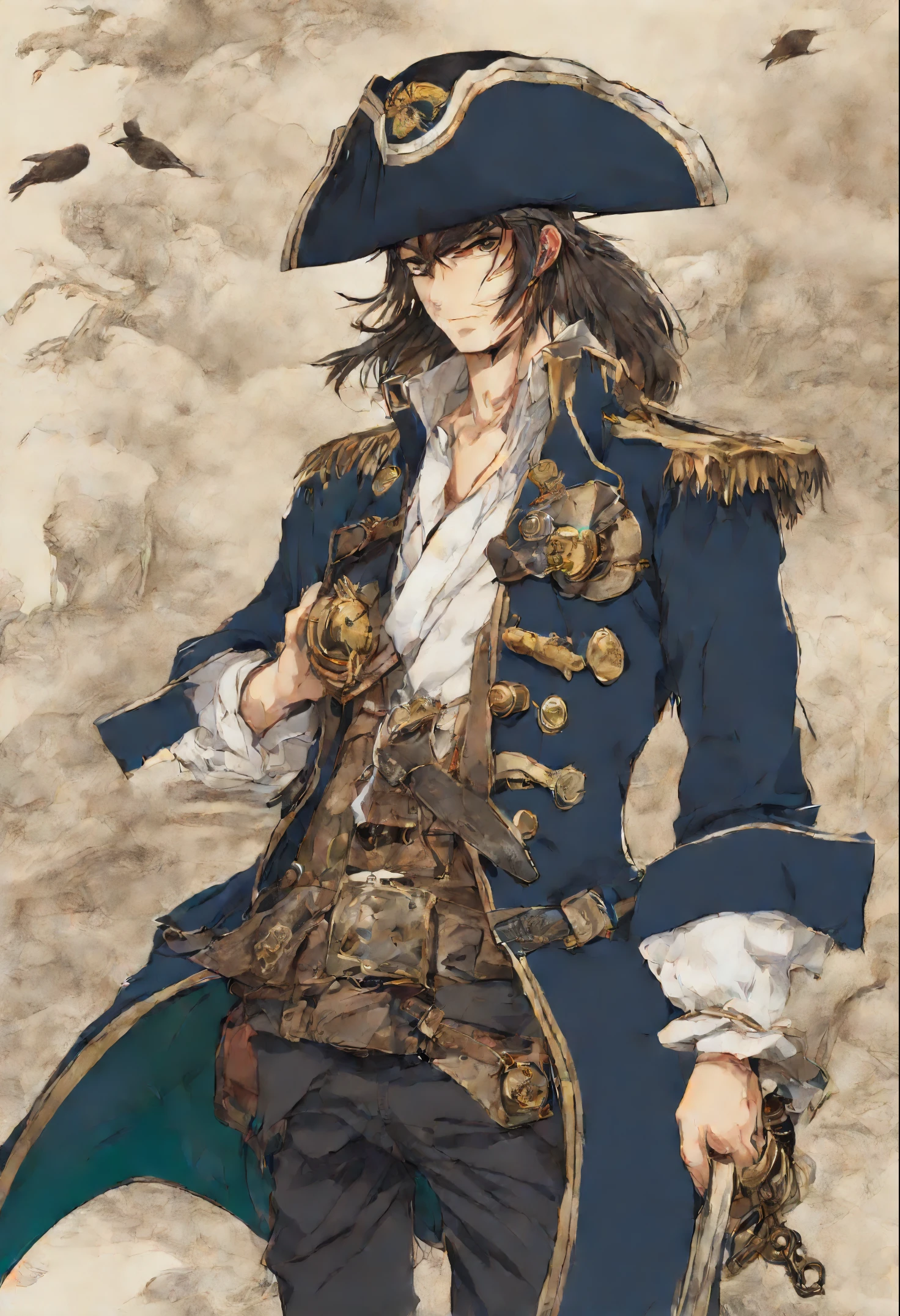 Anime character, style anime, Close-up of a person (a pirate) with a bird on his shoulder, Король a pirateов, Masamune shiro, a pirateский капитан, key anime art, shigenori soejima illustration, inspired by Okumura Masanobu, detailed key anime art, Masamune, shirow Masamune, a pirate класса Swashbuckler, a pirate, Портрет a pirateа