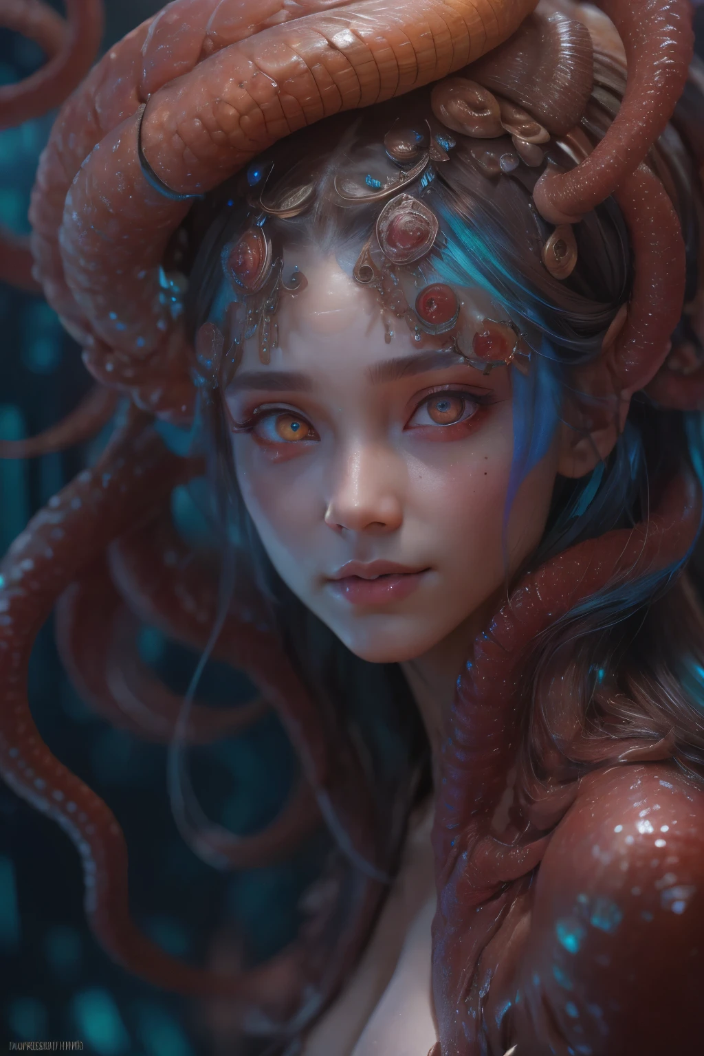 Portrait, (beautiful female alien:1.2), (There is a female genital-like organ in the middle of the forehead..:1.8), (The most beautiful face in the history of the universe:1.2), (scarlet eyes:1.6), (Translucent skin:1.8), an evil gaze that seduces , (red eyes:1.5), Full body like, (sexypose:1.5), alien, No humans, cells are fused, (Lots of translucent tentacles:1.1) (Translucent skin:1.3), extraterrestrial, cell, bio image, 魅惑的, Best Quality, 8K,4K_quality, High Definition, Dramatic Lighting, masutepiece:1.5,cinematic quality, detail up, (Intricate details:1.2), High resolution, High Definition, drawing faithfully, (Thick eyebrows:1.2), Beautiful eyes with fine symmetry, (Ultra detailed eyes:1.2),(Highly detailed face and eyes:1.2), (High-resolution red-eye:1.4), Intimate face, (Super detailed skin quality feeling:1.4), Perfect Anatomy, (Beautiful toned body:1.5), (Moist skin:1.2), No makeup, (dark circles:1.1), long canines, cinematic drawing of characters, ultra high quality model, cinematic quality, detail up, (Intricate details:1.2), High resolution, High Definition, drawing faithfully, Official art, Unity 8K wall , 8K Portrait, Best Quality, Very High resolution, ultra detailed artistic photography, midnight aura, unreal enginee 5, Ultra Sharp Focus, art by alberto seveso, ArtGerm, Roisch, intricate artwork, Medusa, best quality, masutepiece, ultra High resolution, (photos realistic:1.4), Ultra-realistic realism, dream-like, nautilus, Creation of fantasy, Snail, Dream Snail, biopunk nautilus, Thrilling color schemes, Ultra-realistic realism, seductively smiling, Blue tentacles