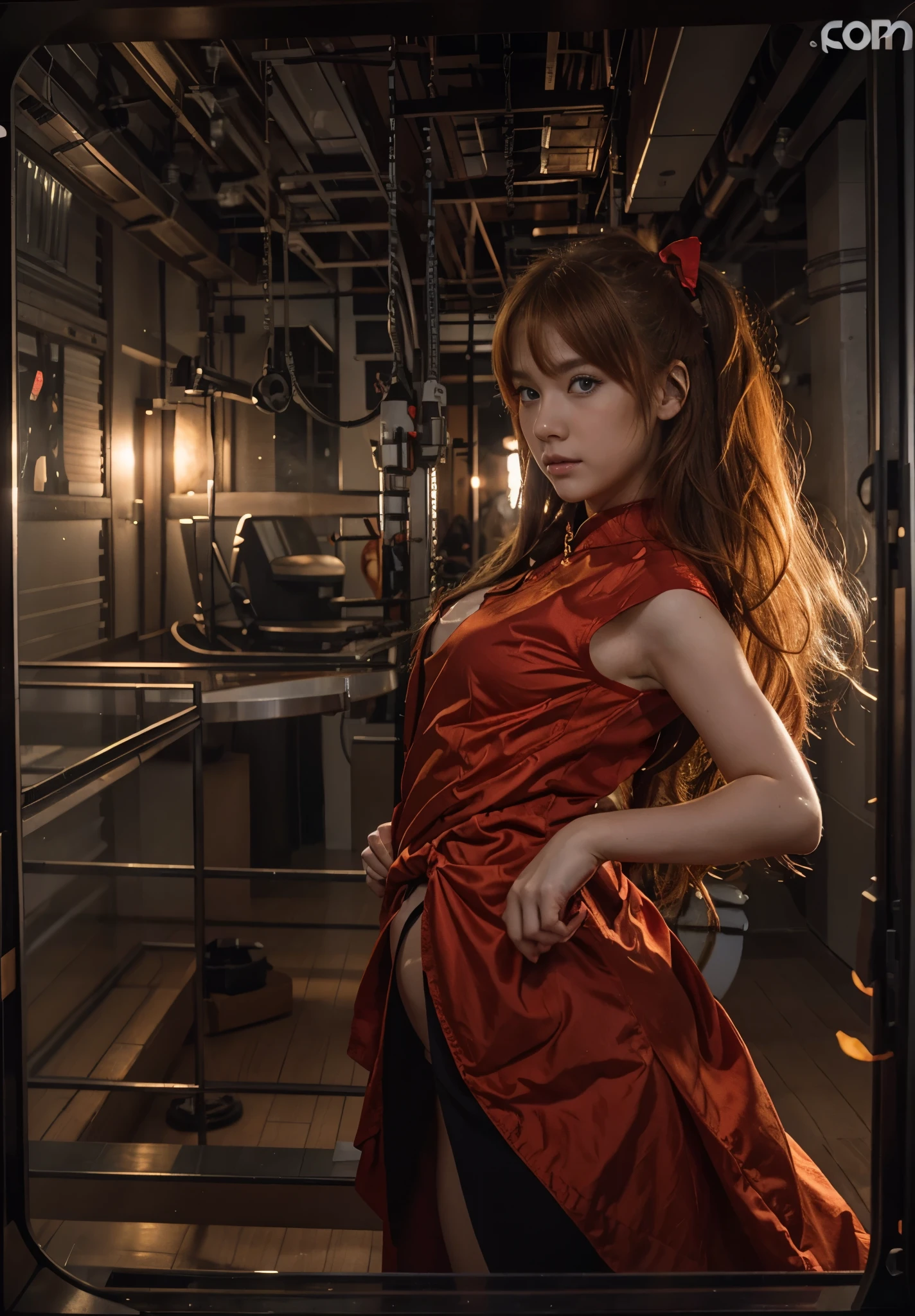 (best quality), high resolution, Asuka Langley Soryu, Beautiful Pretty Mixed German Babe, ((Beautiful face)), sexy lips, Gingers Twin tails headband long Hair, combine realism and anime influence, front view, intense gaze, chinese dress, beautiful eyes, pose, studio photoshoot