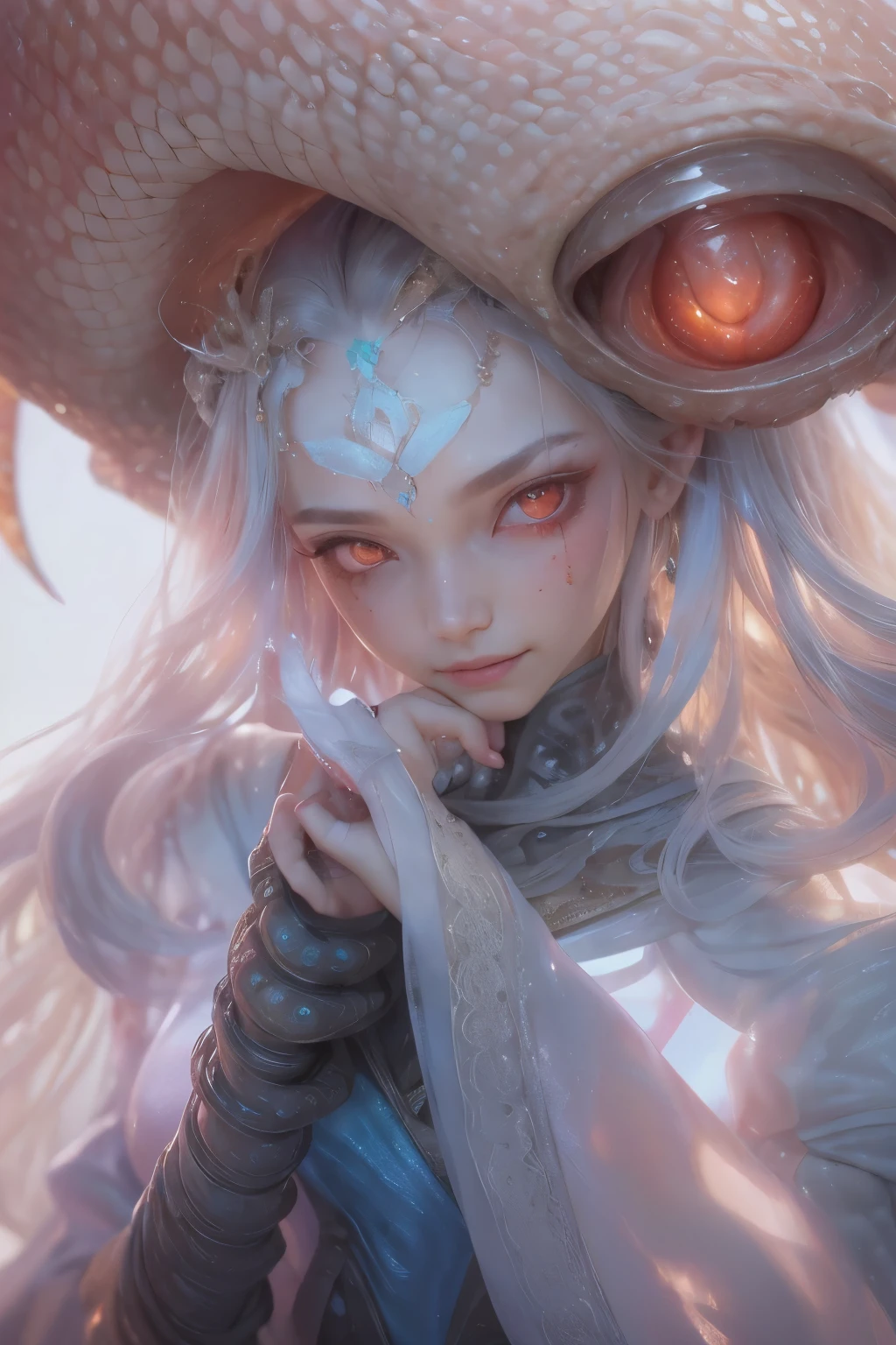 Portrait, (beautiful female alien:1.2),  (There is a female genital-like organ in the middle of the forehead..:1.8), (The most beautiful face in the history of the universe:1.2), (scarlet eyes:1.6), (Translucent skin:1.8), an evil gaze that seduces , (red eyes:1.5), Full body like, (sexypose:1.5), alien, No humans, cells are fused, (Lots of translucent tentacles:1.1) (Translucent skin:1.3), extraterrestrial, cell, bio image, 魅惑的, Best Quality, 8K,4K_quality, High Definition, Dramatic Lighting, masutepiece:1.5,cinematic quality, detail up, (Intricate details:1.2), High resolution, High Definition, drawing faithfully, (Thick eyebrows:1.2), Beautiful eyes with fine symmetry, (Ultra detailed eyes:1.2),(Highly detailed face and eyes:1.2), (High-resolution red-eye:1.4), Intimate face, (Super detailed skin quality feeling:1.4), Perfect Anatomy,  (Beautiful toned body:1.5),  (Moist skin:1.2), No makeup, (dark circles:1.1), long canines, cinematic drawing of characters, ultra high quality model, cinematic quality, detail up, (Intricate details:1.2), High resolution, High Definition, drawing faithfully, Official art, Unity 8K wall  , 8K Portrait, Best Quality, Very High resolution, ultra detailed artistic photography, midnight aura,  unreal enginee 5, Ultra Sharp Focus, art by alberto seveso, ArtGerm, Roisch, intricate artwork, Medusa, best quality, masutepiece, ultra High resolution, (photos realistic：1.4), Ultra-realistic realism, dream-like,  nautilus, Creation of fantasy, Snail, Dream Snail,  biopunk nautilus, Thrilling color schemes， Ultra-realistic realism， seductively smiling, Blue tentacles