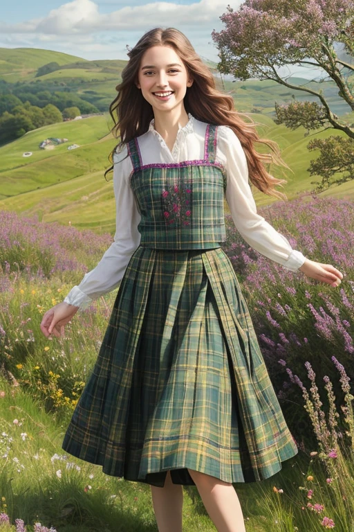 beautiful detailed eyes,long eyelashes,long wavy hair,fair skin,smiling face,traditional Scottish dress,fine tartan pattern,embroidered bodice,flowing skirt,dancing in a green meadow,Heather flowers in the background,sunshine gently shining on her, vibrant colors,artistic oil painting style,a hint of soft romanticism.