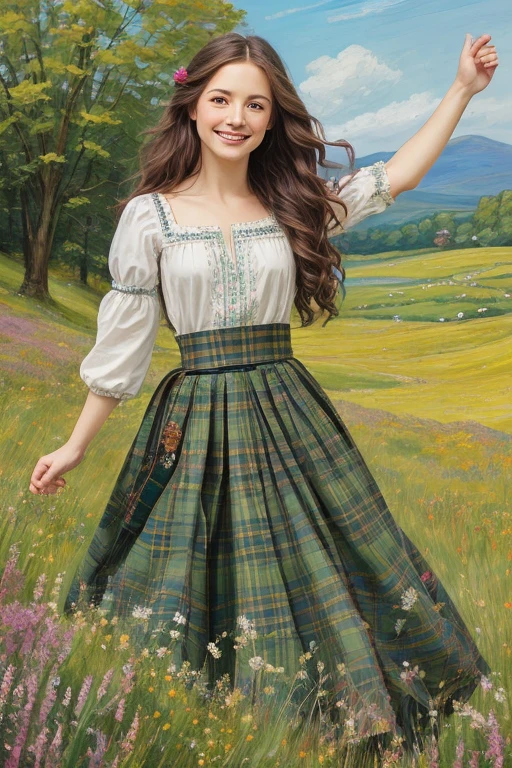 beautiful detailed eyes,long eyelashes,long wavy hair,fair skin,smiling face,traditional Scottish dress,fine tartan pattern,embroidered bodice,flowing skirt,dancing in a green meadow,Heather flowers in the background,sunshine gently shining on her, vibrant colors,artistic oil painting style,a hint of soft romanticism.