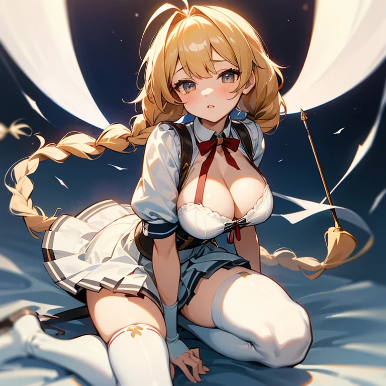 1girl, large full breasts, small  hip, verd s eyes, Golden hair,, skirt by the, bedroom,,Metamorphosis, 小柄,fantrome,azur lane,le temeraire,pigtails,(White over-the-knee socks),frilld,(Tricolor color clothes),Ahoge,(garterbelts),huge tit,Red ribbons,((Braids)),(garterbelts),B90,Very Longhair,magic wands,Showing cleavage.Huge breasts