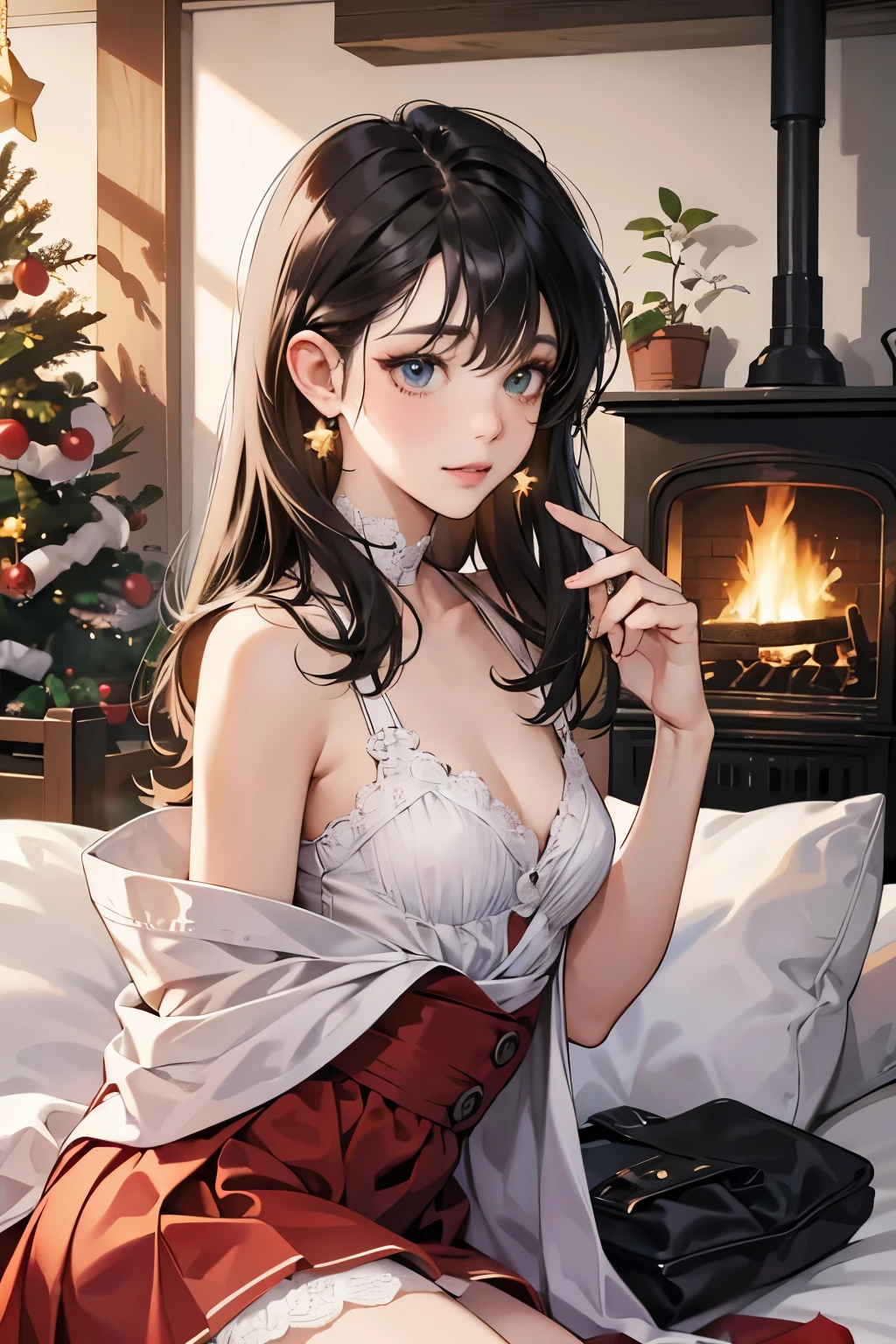 (masutepiece, Digital Art, Digital Illustration, 4K, 8K, Ultra-detailed, beautiful image, Sharp Image, Photorealistic, Raw photo, Perfect face, Perfect lines, Perfect eyes, Soft lighting) ,1 woman, (Black hair,straight haired,Bullish gaze,Beautie,ellegance,Solid makeup,23 y-o woman,small tits:1.3),スーツ姿のハンサムなember性2人, (ember,ember性はスーツ姿,well-muscled,Firm shoulder width, emberの,Boyish hairstyle,English gentlemanly style,クールな表情の30代ember性,明るい笑顔の28歳ember性:1.2),Show white teeth and smile(embarrassed from,Shy smile:1.1),(Nervous,be shy,sleepy,embarrassed from:1.1),in front of a warm fireplace、Christmas、Christmasケーキ、Birthday Celebration、the kiss、a couple、a couplethe kiss、Romance、the kiss、Santa Cosplay、bring a present、miniskirt santa costume、Lace underwear、overflowing from underwear、Flipping the hem of the skirt