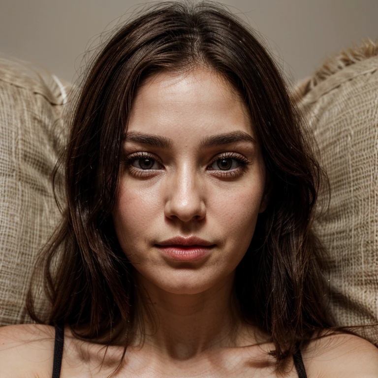 uma mulher, cabelo curto, 22 anos, rosto alinhado, deitada na cama