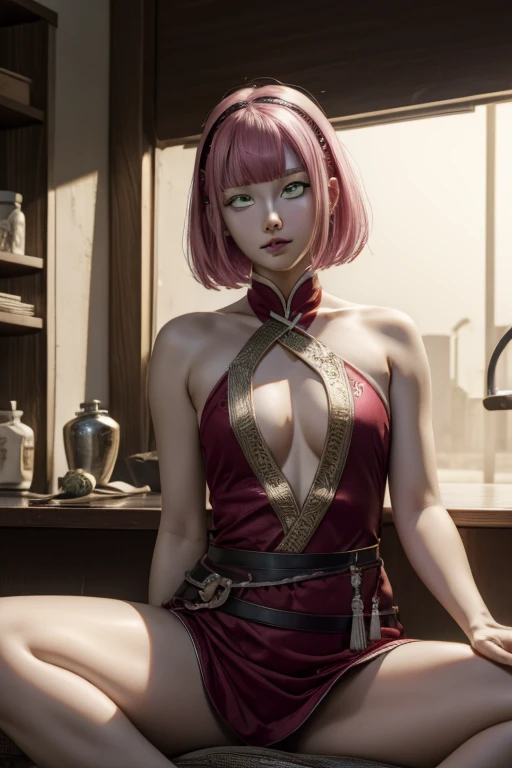 sakuraharuno, sakura haruno, short hair, bangs, (green eyes:1.5), pink hair, hairband, facial mark, (forehead mark:1.2), red hairband, (swept bangs:1.5), (small breast:1.2),
BREAK chinese clothes, dress, (red dress:1.2), short skirt, black shorts, gloves, black gloves, sleeveless, open dress, bare breasts
BREAK looking at viewer, (ahegao:1.5), (rolling eyes:1.5)
BREAK indoors, bed, spread legs
BREAK (masterpiece:1.2), best quality, high resolution, unity 8k wallpaper, (illustration:0.8), (beautiful detailed eyes:1.6), extremely detailed face, perfect lighting, extremely detailed CG, (perfect hands, perfect anatomy),