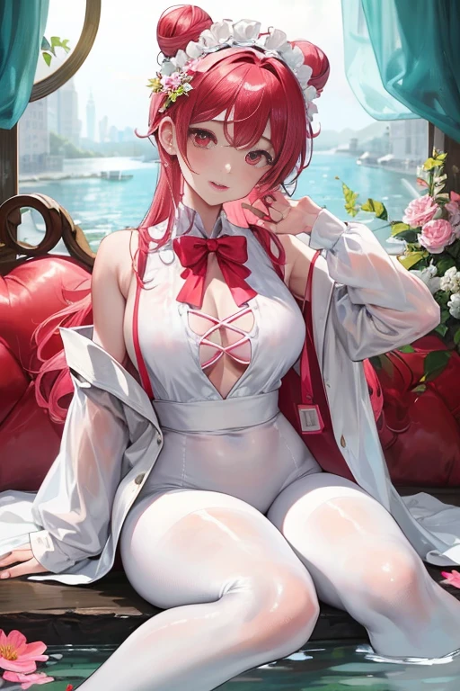 tmasterpiece、Need、1female、White cloth bun bun bun、Shoulder leakage、The chest is large、chubbiness、ssmile、White suspender tights、lace leggings、pale pink lip、hot springs，Pose in the water，（drenched all over the body），legs are open， 独奏, White polo shirt, looking at viewert,  A high resolution,(Thigh thick:1.0),,ultra - detailed，tmasterpiece，Best quality at best，Yazawa Nico,red eyes, face flushed,Blunt hair,both hands on hip，greet，Flower headdress，sit sideways，Sitting sideways，eye glass