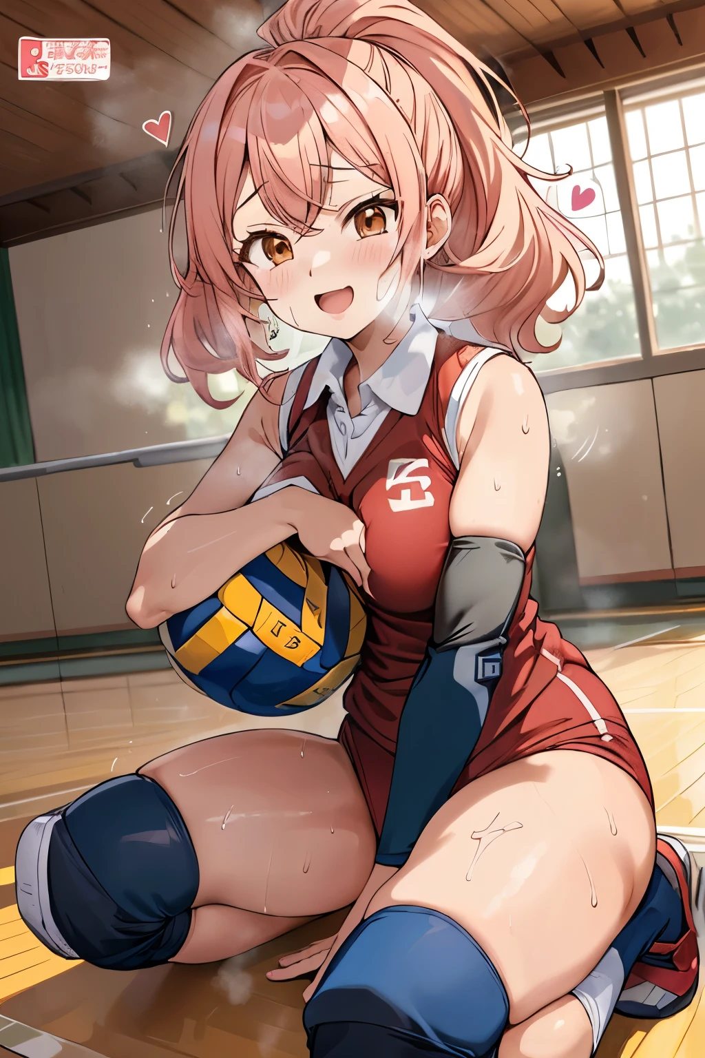 unity 8k wallpaper, anatomically correct, (((masterpiece))), (((best quality))), (((ultra detailed))), (((high-resolution))), ((super fine illustration)), ((Ultimate cutie)), ((perfect hands)), ((perfect finger)), (((good anatomy))), detailed beautiful face, shiny hair, (((gyaru))), (potbelly), (curvy), medium breasts, ((Thick thighs)), (((solo))), ((seductive smile)), (((blush))), ((half open mouth)),
BREAK, (((sit astride the spherical shape 6-inch volleyball))), (((straddling on the spherical shape 6-inch volleyball))), (((Put crotch right the spherical shape 6-inch volleyball))),
BREAK, (((Rub the spherical shape 6-inch volleyball against crotch)))),
BREAK, (Collared volleyball uniforms), sleeveless, ((buruma)), ((kneepad)), (elbow pad), (((sweat))), (((covered in sweat))), ((deep breathing)), in Volleyball Court, indoor, lighting, looking at viewer, full body, (spoken heart)