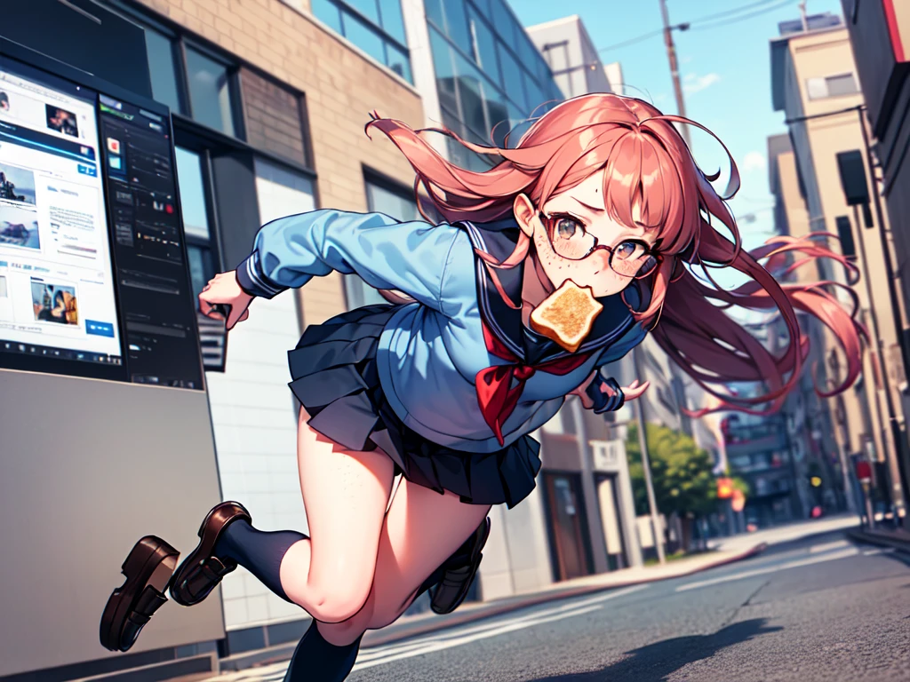 masterpiece, best quality, 1boy, serafuku, blue bow, pleated skirt, blue socks, loafers, city street, running, toast in mouth, pervert, petite, blushing, glasses, desktop wallpaper, highly detailed, freckles, small hips, androgynous,