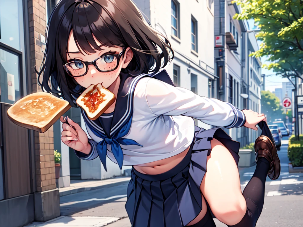 masterpiece, best quality, 1boy, serafuku, blue bow, pleated skirt, blue socks, loafers, city street, running, toast in mouth, pervert, petite, blushing, glasses, desktop wallpaper, highly detailed, freckles, small hips, androgynous,