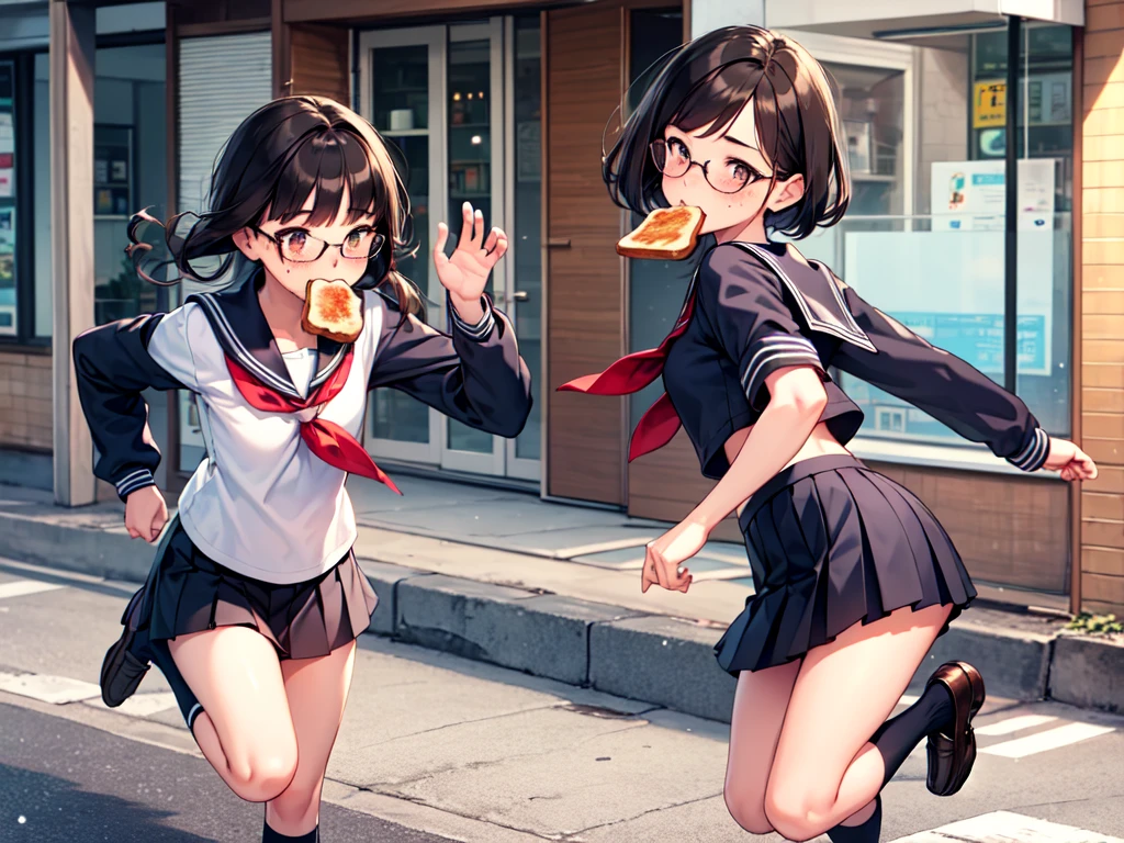 masterpiece, best quality, 1boy, serafuku, blue bow, pleated skirt, blue socks, loafers, city street, running, toast in mouth, pervert, petite, blushing, glasses, desktop wallpaper, highly detailed, freckles, small hips, androgynous, otoko no ko