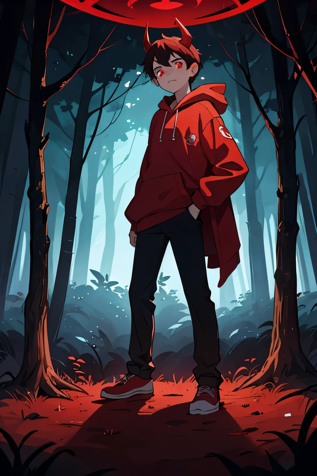 1 , no lightning, standing in the center of the frame in the dark forest with a red aura around, in a red hoodie, cartoon style, creepy effects, medium horns on head, evil look, harmed face without mouth, shows the sign of horns with his left hand