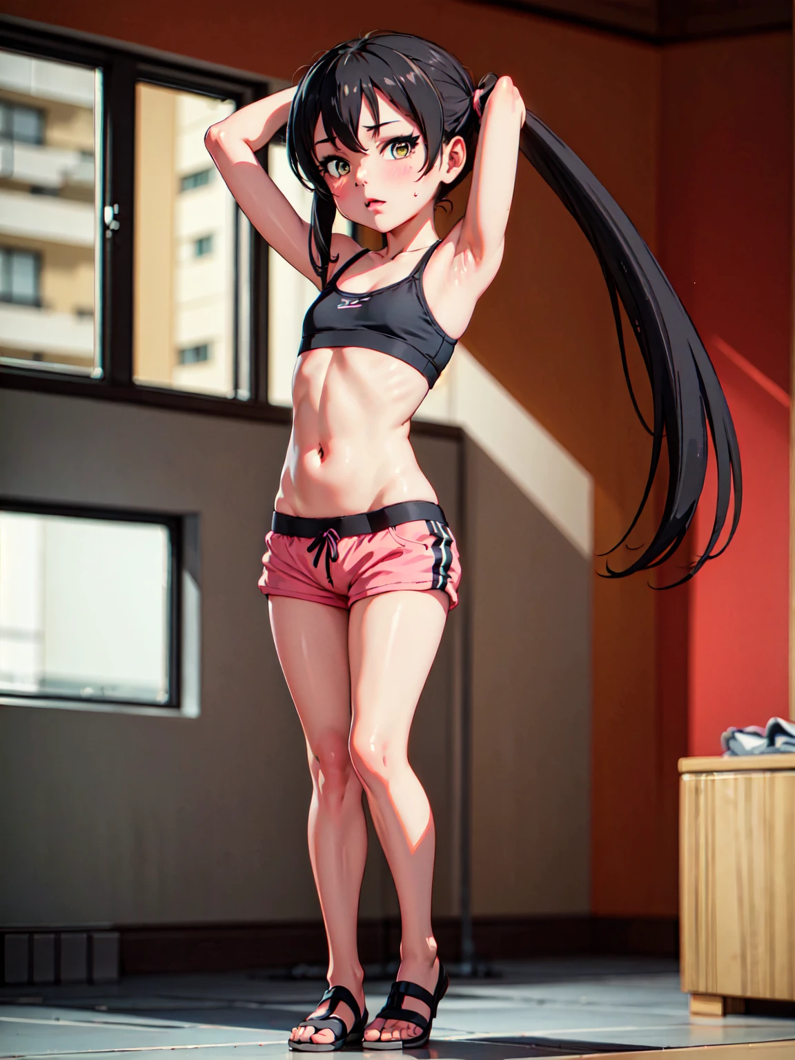 masterpiece, best quality, highres, Matoba risa, 1girl, solo, black hair, long hair with twintail, busty, super flat chest, short pink hotpants, sport bra, blush, black thighhighs, looking at viewer, embarassed, blush, full body, standing, simple background, arms up, (erotic pose:1.4)