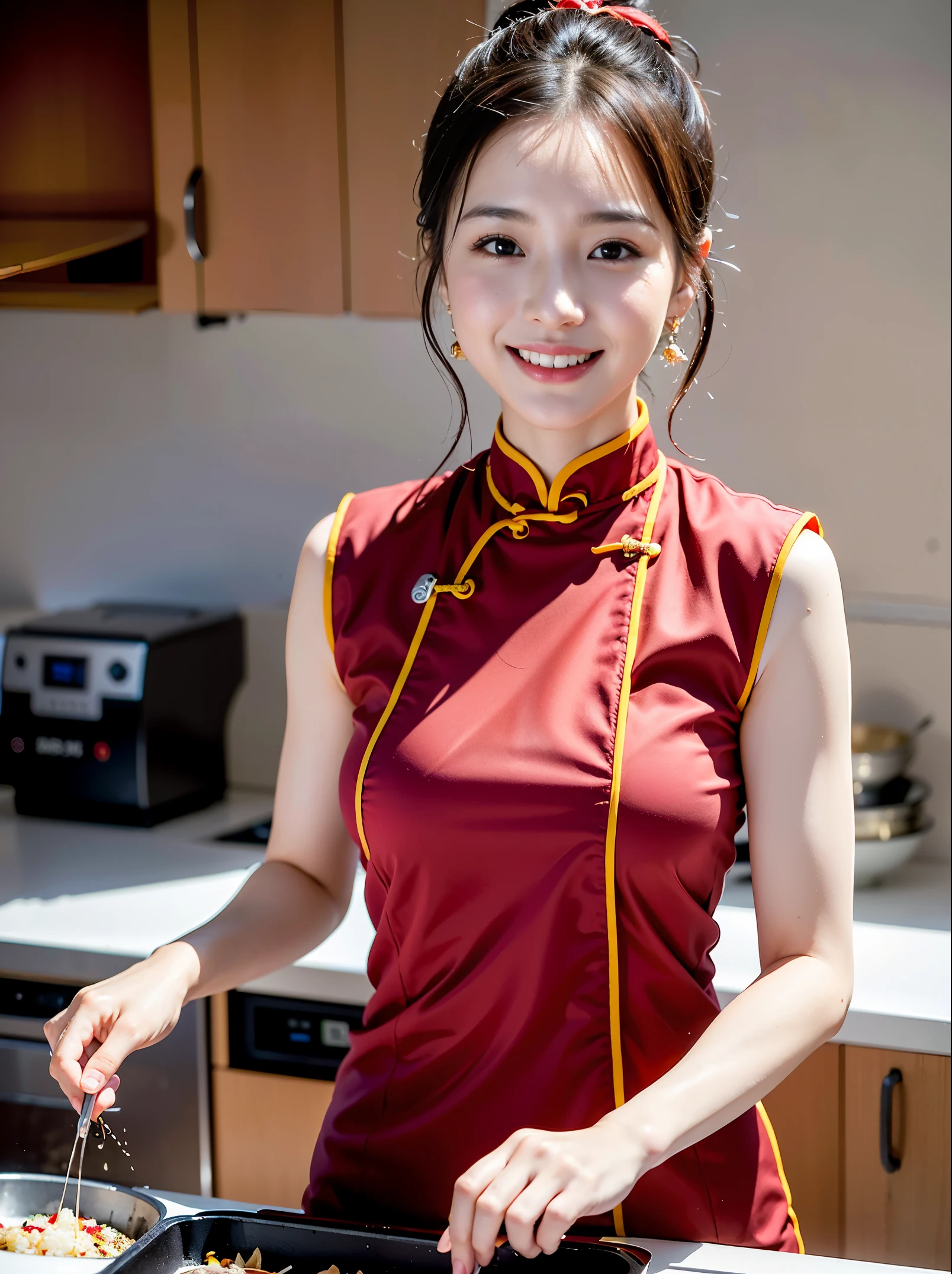 (realisitic、Photorealsitic:1.37)、(8K、Raw photography、top-quality、masterpiece:1.2)、Very cute woman、ultra-detailliert、Heart-shaped pupil、physically-based renderingt、超A high resolution、Kodak Vision Color、Captured with an Arricam LT camera、bokeh dof、foco nítido、(((Correct anatomy:1.2)))、A girl in a Cheongsam cooking, Chinese food, shaking the wok quickly, flames rising, fried rice, anime manga, vertical composition, kitchen, dynamic,
earring, smile,
cute illustration, high-resolution, ultra-detailed, best quality,