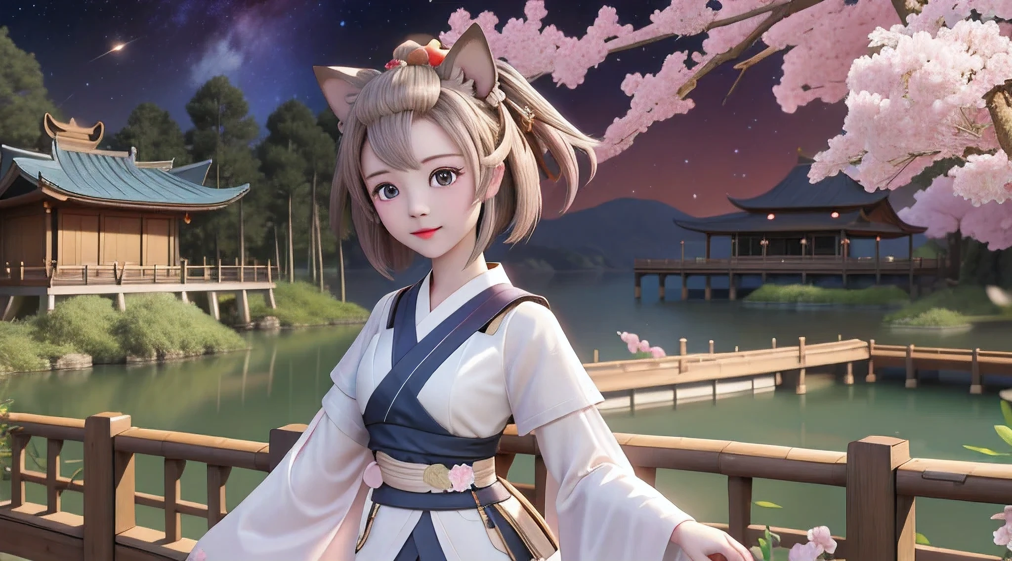 masterpiece, best quality, 8k, wonderful, lake, mountain, bamboo forest, wooden house, moon, night, star sky, Galaxy, blossom, wood boat, 1girl, brown hair, brown eyes, bangs pinned back, forehead, animal ears, animal tail, very long sleeves, petite, kimono, girl, hair beautiful, , yugioh, ash blossom & joyous spring, cry, tear, look the other way, background clear full HD, small eyes, platinum hair