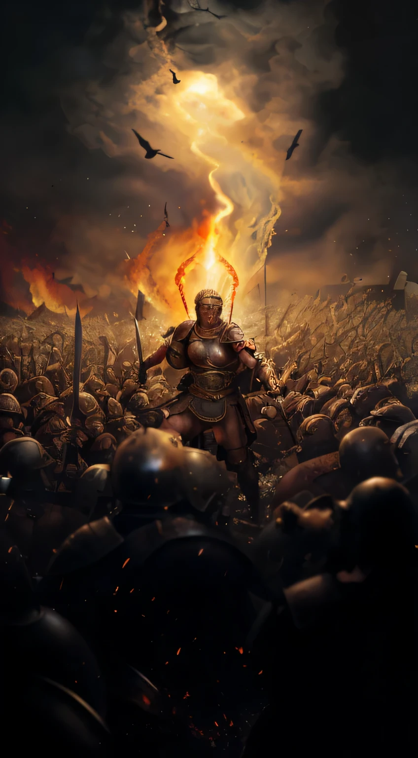 Powerful ancient Roman warrior kills enemies with sword,Background with flames、