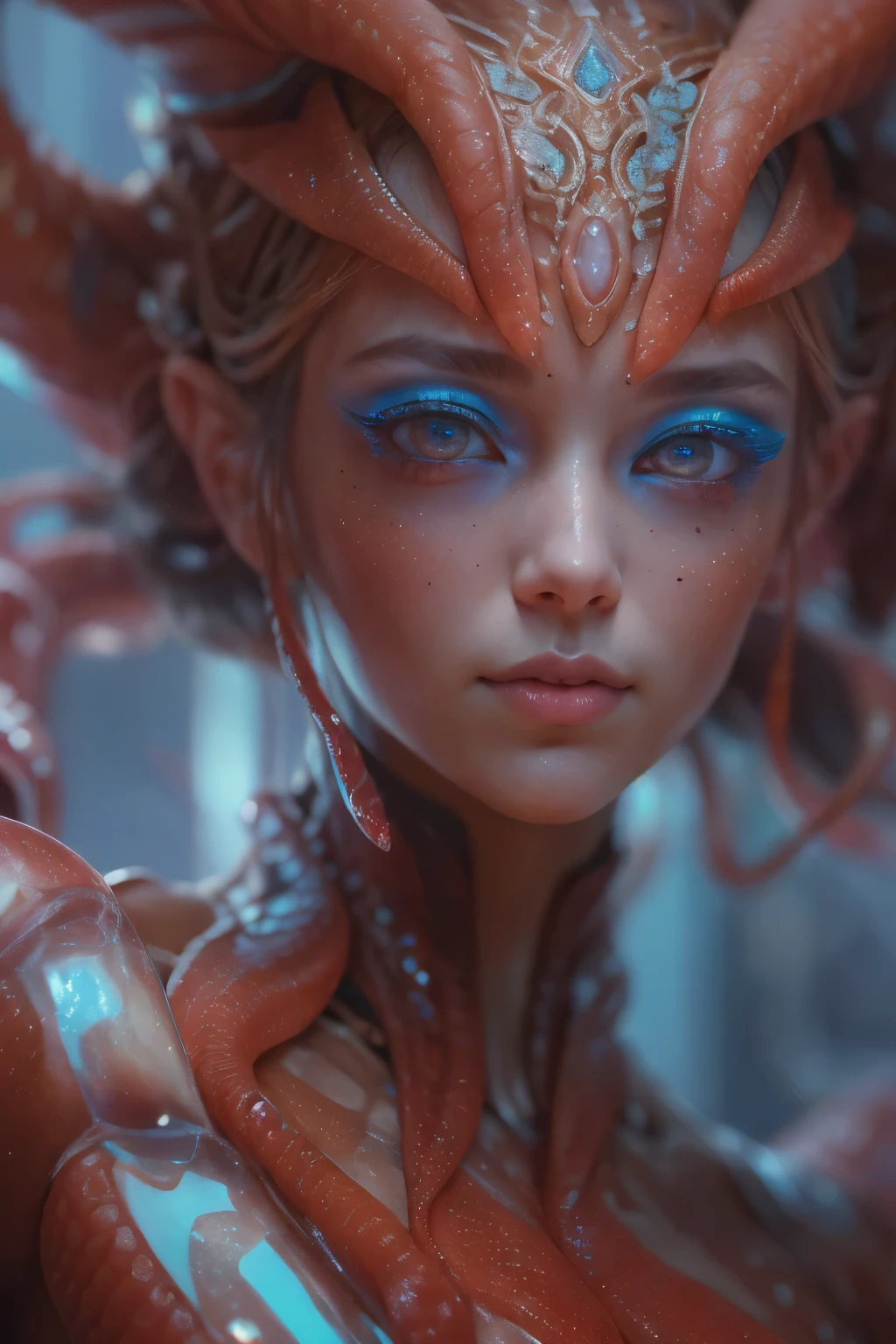 Portrait, (a beautiful female alien:1.2),  (There is a female genital-like organ in the middle of the forehead:1.8), (The most beautiful face in the history of the universe:1.2), (Scarlet eyes that shine mysteriously:1.6), (Translucent skin:1.8), an evil gaze that seduces, (red eyes:1.5), (large mouth:1.1), sharp teeth like a shark, Full body like, (bio luminescent:1.2), (Smile wickedly:1.3),  (sexypose:1.5), alien, No humans, cells are fused, (Lots of translucent tentacles:1.1) (Translucent skin:1.3), extraterrestrial, cell, bio image, Best Quality, 8K,4K_quality, High Definition, Dramatic Lighting, masutepiece:1.5,cinematic quality, detail up, (Intricate details:1.2), High resolution, High Definition, drawing faithfully, (Thick eyebrows:1.2), Beautiful eyes with fine symmetry, (Ultra detailed eyes:1.2),(Highly detailed face and eyes:1.2), (High-resolution red-eye:1.4), Intimate face, (Super detailed skin quality feeling:1.4), Perfect Anatomy,  (Beautiful toned body:1.5),  (Moist skin:1.2), No makeup, (dark circles:1.1), long canines, cinematic drawing of characters, ultra high quality model, cinematic quality, detail up, (Intricate details:1.2), High resolution, High Definition, drawing faithfully, Official art, Unity 8K wall  , 8K Portrait, Best Quality, Very High resolution, ultra detailed artistic photography, midnight aura,  unreal enginee 5, Ultra Sharp Focus, art by alberto seveso, ArtGerm, Roisch, intricate artwork, best quality, masutepiece, ultra High resolution, (photos realistic:1.4), Ultra-realistic realism, dream-like, nautilus, Creation of fantasy, Snail, Dream Snail,  biopunk nautilus, Thrilling color schemes, Ultra-realistic realism, seductively smiling, Blue tentacles, small breast, (beautiful nipples:1.2),
