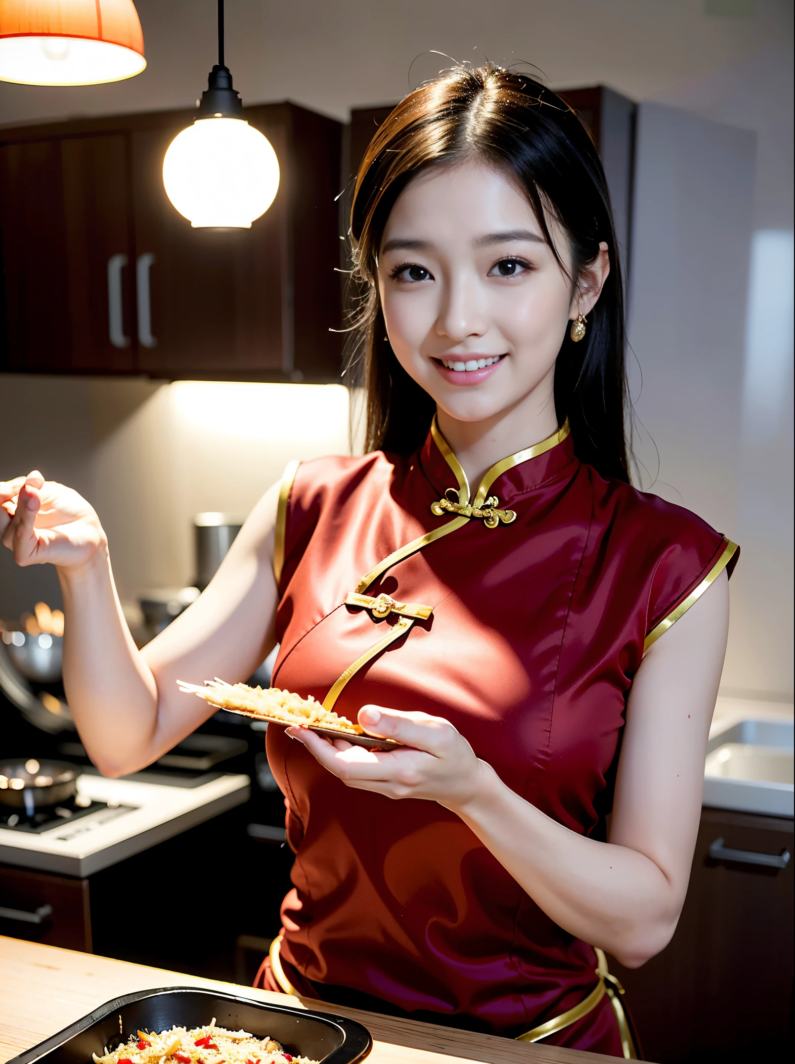 (realisitic、Photorealsitic:1.37)、(8K、Raw photography、top-quality、masterpiece:1.2)、Very cute woman、ultra-detailliert、Heart-shaped pupil、physically-based renderingt、超A high resolution、Kodak Vision Color、Captured with an Arricam LT camera、bokeh dof、foco nítido、(((Correct anatomy:1.2)))、A girl in a Cheongsam cooking, Chinese food, shaking the wok quickly, flames rising, fried rice, anime manga, vertical composition, kitchen, dynamic,
earring, smile,
cute illustration, high-resolution, ultra-detailed, best quality,