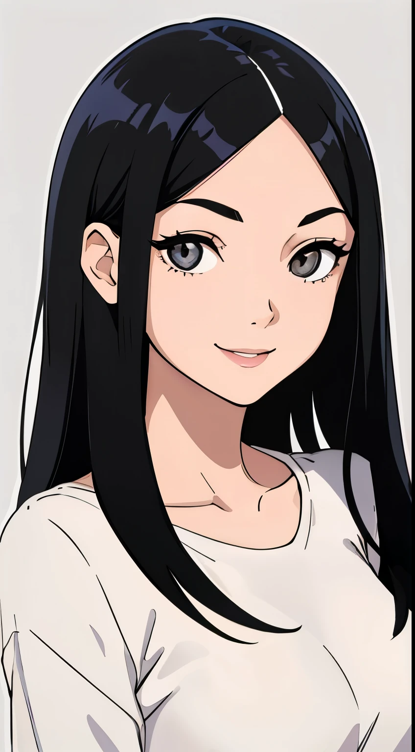 One girl with black hair, hair length until bust, straight hair, hair parted in center of head, round face. hairstyle with a center part, that the hair should be parted down the middle, creating a symmetrical look without any frontal hair covering the forehead. Looking straight. Looking straight at viewers. Smiling. Happy. Wearing casual shirt. Straight pose. Frontal view