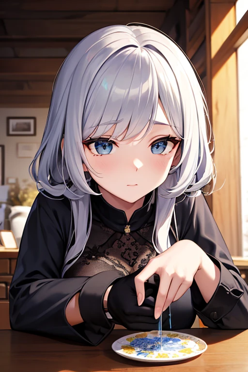 (absurderes、hight resolution、ultra-detailliert)、a matural female、white hair、length hair、bluntbangs、blue eyess、doress、long-sleeve、Finely detailed eyes and detailed face、intricate-detail、BREAK Mosaic Art、small pieces、colorful tesserae、complex pattern、Tiled design、durable surfaces、Old fashioned technique BREAK macro photography、intricate-detail、Enlarged texture、Stunning clarity、Hidden beauty、 artisanal creations、Handmade products、unique designs、intricate detailes、Creative expression、skilled craftsmanship、huge tit、Best style