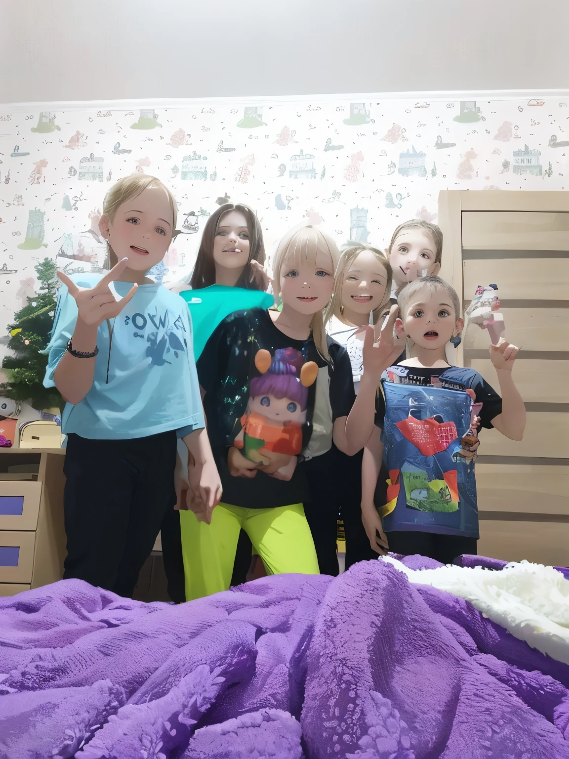 These are six friends on their birthday, five girls and one boy behind them become a little yoka with a fireplace they are in the room