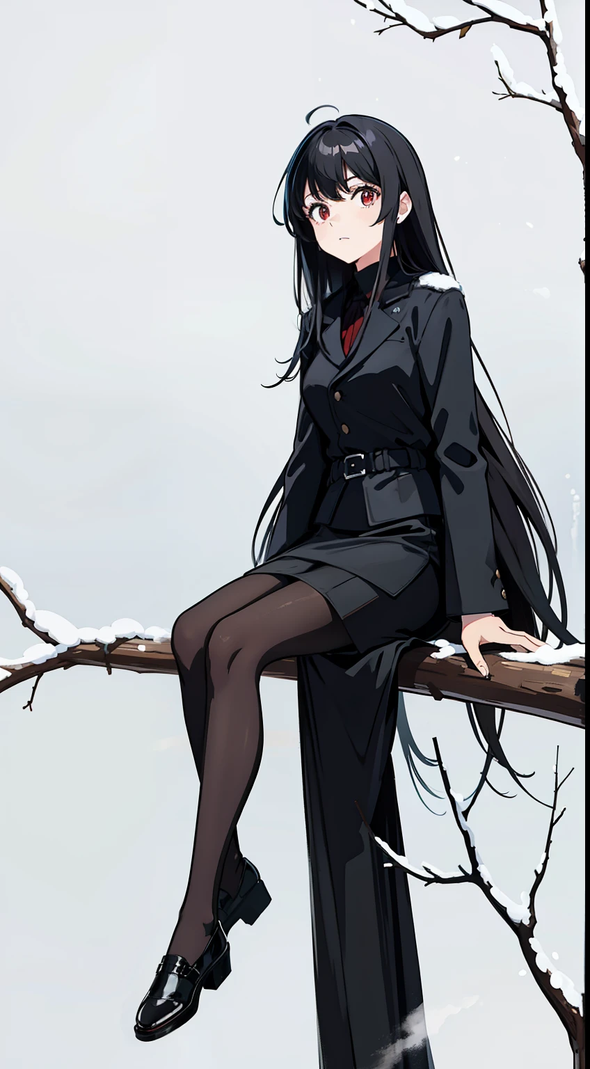1girl,solo,medium breasts,((black overcoat,black shirt)),(((black pencil skirt,black pantyhoses))),black hair,long hair,red eyes,((standing in snow,in forest,sitting on a branch high up in a tree)),