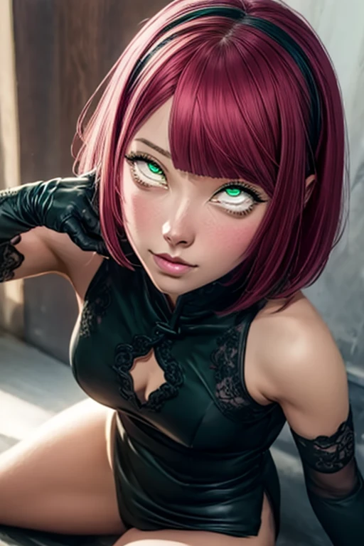 sakuraharuno, sakura haruno, short hair, bangs, (green eyes:1.5), pink hair, hairband, facial mark, (forehead mark:1.2), red hairband, (swept bangs:1.5), (small breast:1.2),
BREAK chinese clothes, dress, (red dress:1.2), short skirt, black shorts, gloves, black gloves, sleeveless, open dress, bare breasts
BREAK looking at viewer, (ahegao:1.5), (rolling eyes:1.5)
BREAK indoors, bed, spread legs
BREAK (masterpiece:1.2), best quality, high resolution, unity 8k wallpaper, (illustration:0.8), (beautiful detailed eyes:1.6), extremely detailed face, perfect lighting, extremely detailed CG, (perfect hands, perfect anatomy),