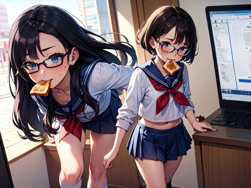 masterpiece, best quality, 1boy, serafuku, blue bow, pleated skirt, blue socks, loafers, city street, running, toast in mouth, pervert, petite, blushing, glasses, desktop wallpaper, highly detailed, freckles, small hips, androgynous, big penis, big testicles, otoko no ko