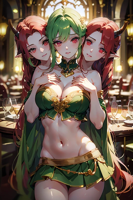 (masterpiece, best quality), (3heads:1.4), 1girl, (kaenbyou rin:1.3), masterpiece, best quality, green top, crop top, ((stomach)), midriff, ((groin)), green skirt, normal ears, shackles, red hair, very long hair, wavy hair, sidelocks, red eyes, parted lips, single horn, sweat, cute, toned belly, hand on own chest, eyelashes, (25 year old woman:1.3), (masterpiece:1.4), (best quality:1.4), (beautiful detailed eyes), extremely detailed CG, extremely delicate and beautiful, depth of field, (finely detailed face), (perfect details:1.0), (mature female:1.3), wide pelvis, slender, large veiny breast, 8k resolution, high quality, high definition, extremely detailed, masterpiece, best quality, red hair, long hair, alluring presence, braid, short skirt, close up, big tits, young