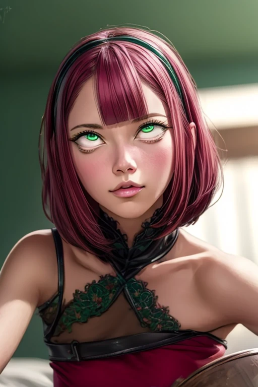 sakuraharuno, sakura haruno, short hair, bangs, (green eyes:1.5), pink hair, hairband, facial mark, (forehead mark:1.2), red hairband, (swept bangs:1.5), (small breast:1.2),
BREAK chinese clothes, dress, (red dress:1.2), short skirt, black shorts, gloves, black gloves, sleeveless, open dress, bare breasts
BREAK looking at viewer, (ahegao:1.5), (rolling eyes:1.5)
BREAK indoors, bed, spread legs
BREAK (masterpiece:1.2), best quality, high resolution, unity 8k wallpaper, (illustration:0.8), (beautiful detailed eyes:1.6), extremely detailed face, perfect lighting, extremely detailed CG, (perfect hands, perfect anatomy),