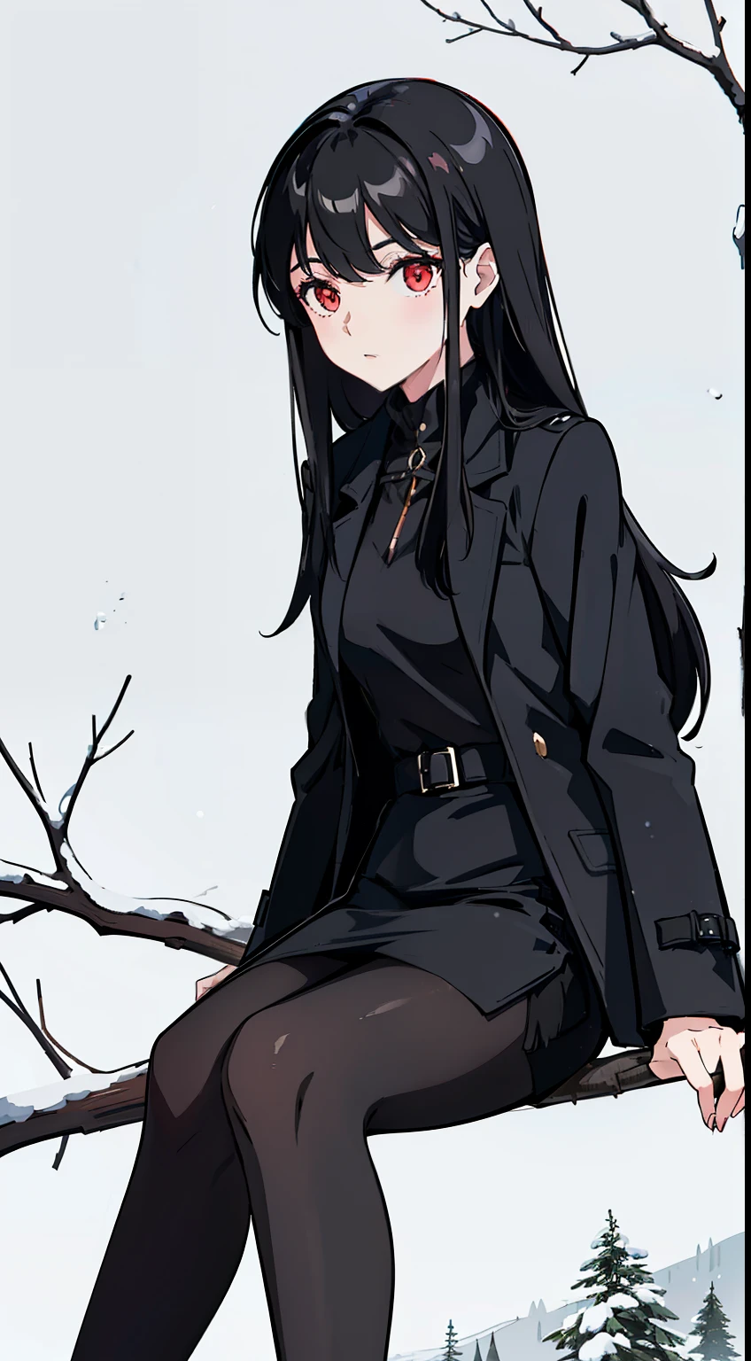 1girl,solo,medium breasts,((black overcoat,black shirt)),(((black pencil skirt,black pantyhoses))),black hair,long hair,red eyes,((standing in snow,in forest,sitting on a branch high up in a tree)),